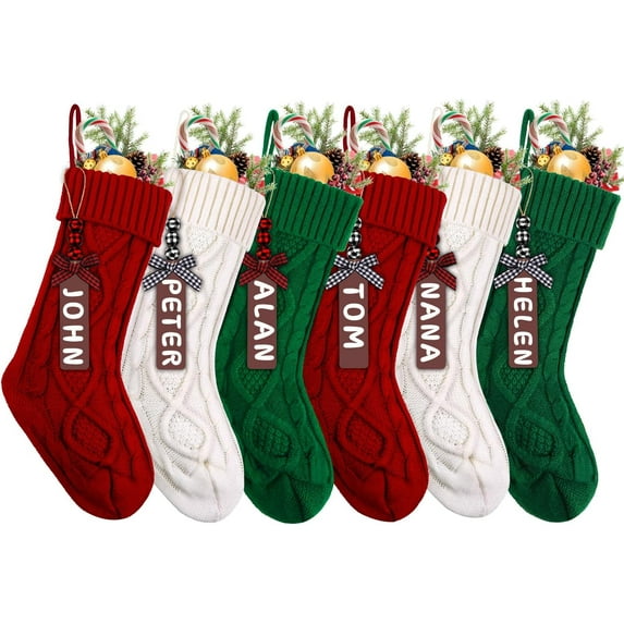 6 pack Christmas Stockings, 18inch Large Personalized Cable Knitted Xmas Hanging Stocking Decorations with Name Tags for Holiday Christmas Party Family Decor (Red and White)