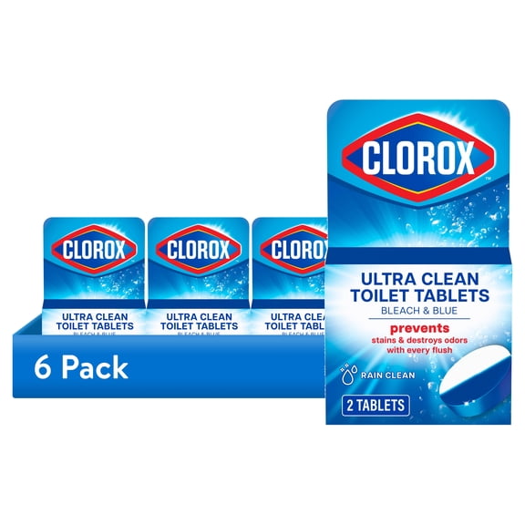 (6 pack) Clorox Bleach and Blue Toilet Bowl Cleaner Tablets, Rain Clean, 2 Count