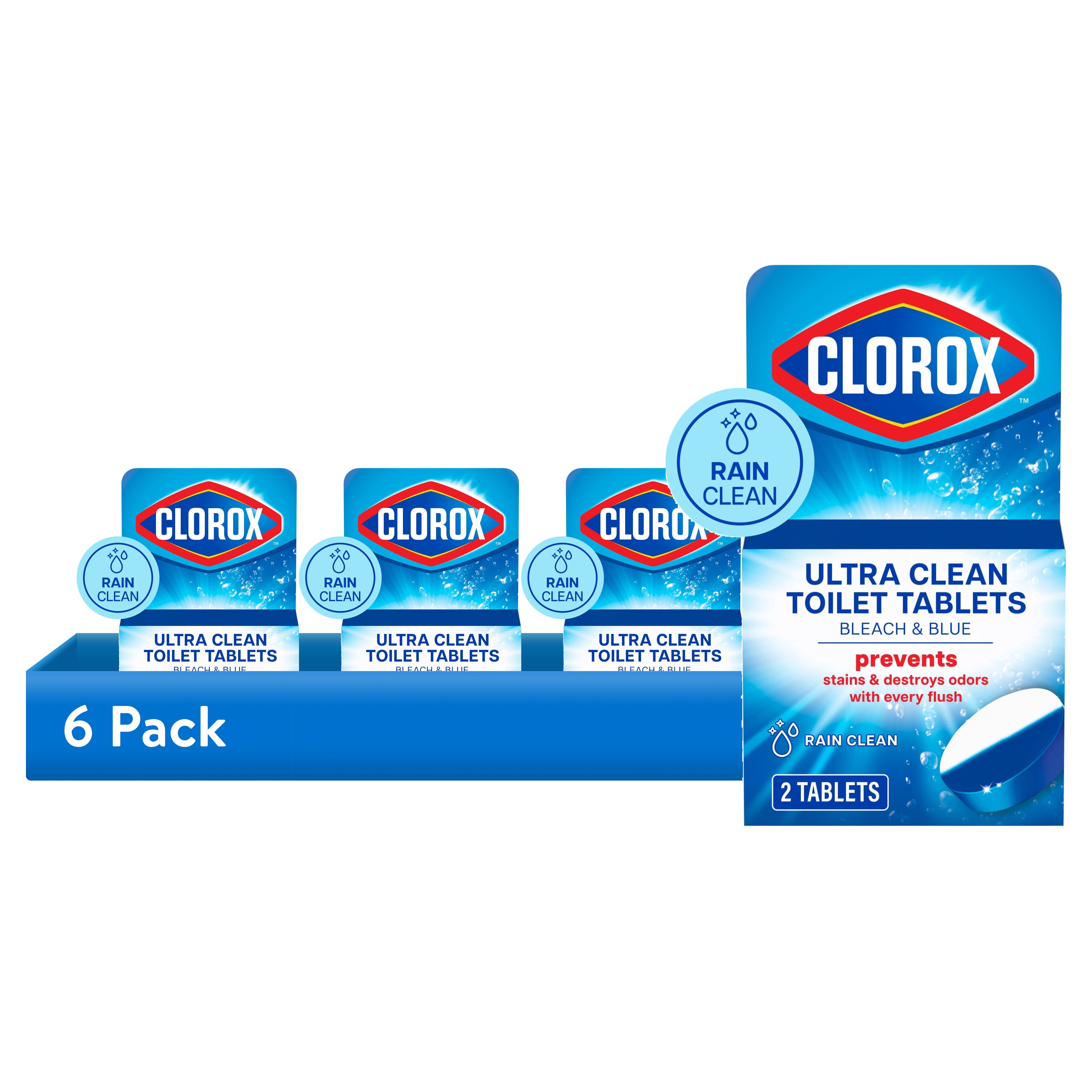 (6 pack) Clorox Bleach and Blue Toilet Bowl Cleaner Tablets, Rain Clean, 2 Count