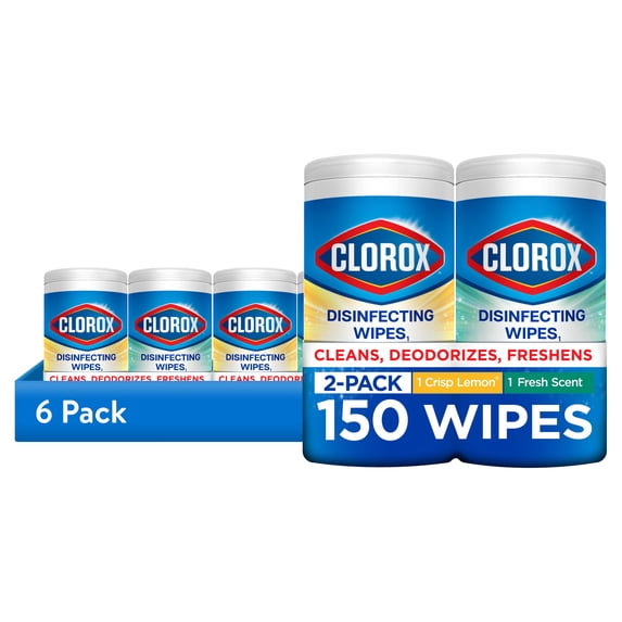 (6 pack) Clorox Disinfecting Cleaning Wipes Variety Pack, Bleach Free, Fresh Scent and Crisp Lemon, 75 Count Each, Pack of 2
