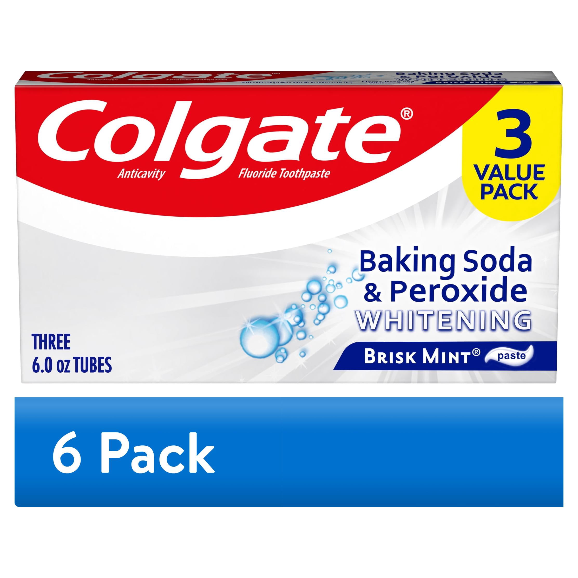 (6 pack) Colgate Baking Soda and Peroxide Whitening Toothpaste, Brisk Mint, 3 Pack, 6 oz