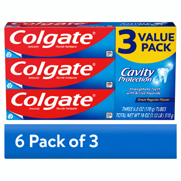 (6 pack) Colgate Cavity Protection Toothpaste with Fluoride, Great Regular Flavor, 6 oz, 3 pack