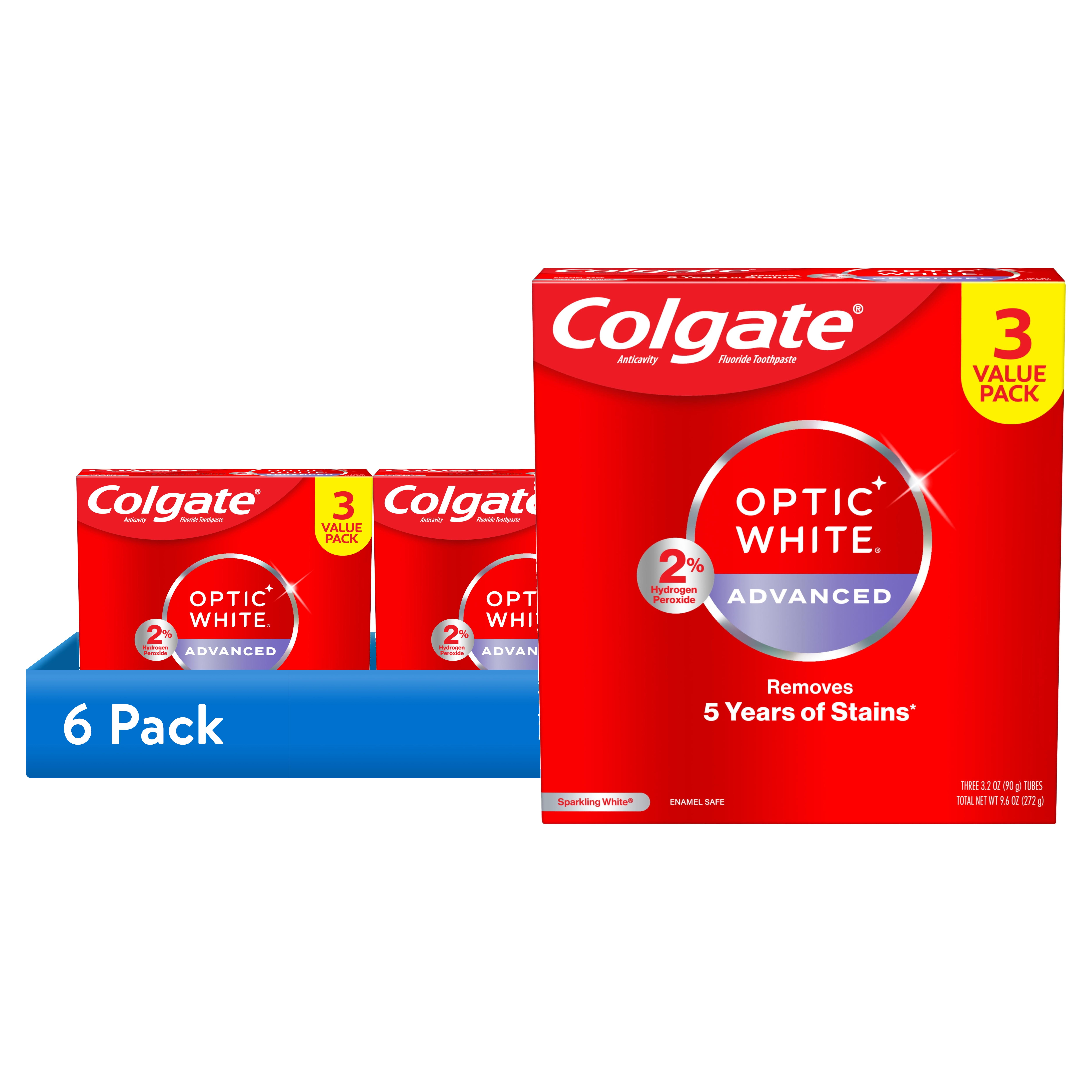 (6 pack) Colgate Optic White Advanced Sparkling White Toothpaste with 2% Hydrogen Peroxide, Mint, 3 Pack, 3.2 OZ