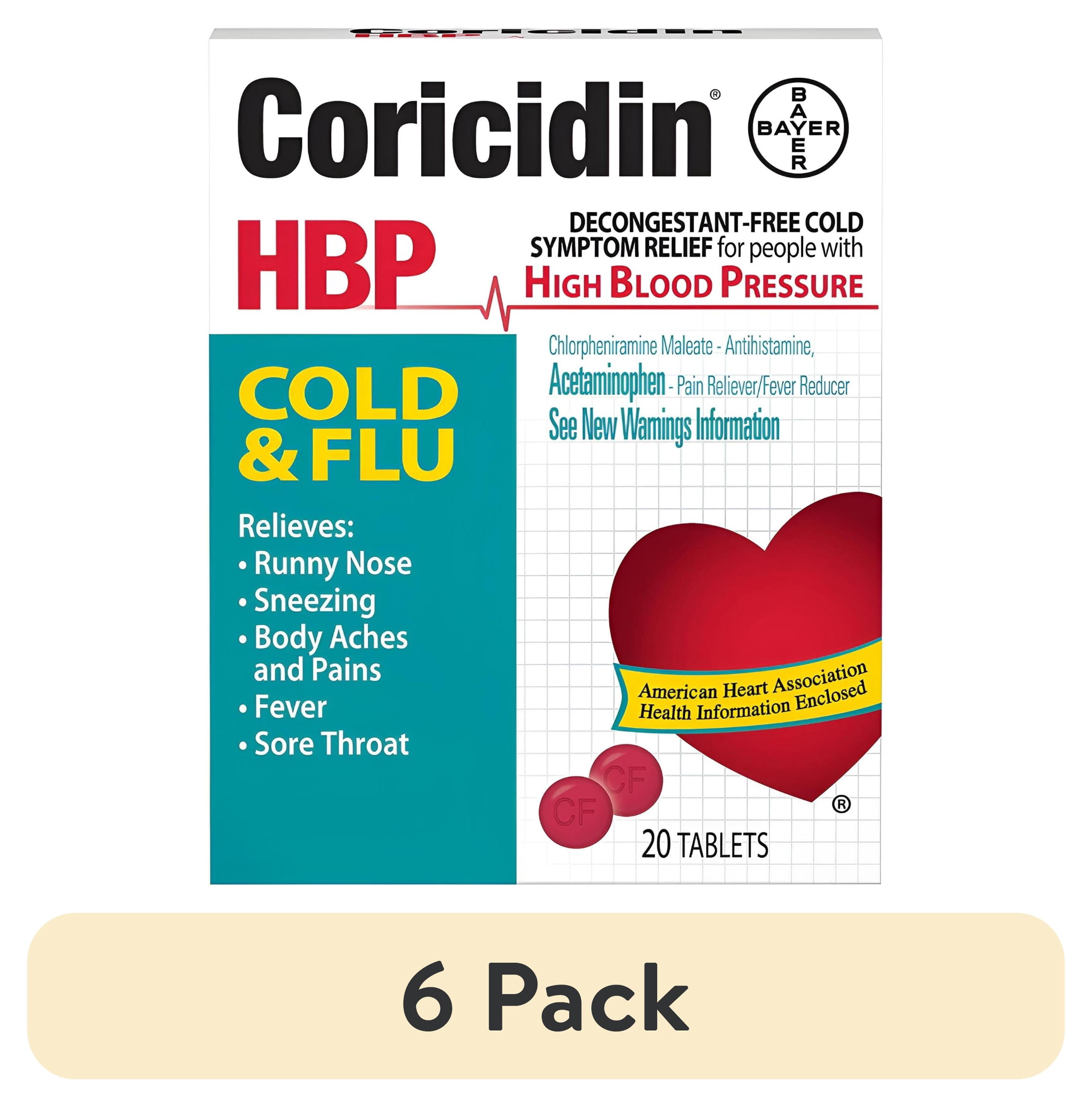 (6 pack) Coricidin HBP Multi-Symptom Cold & Flu Relief Tablets, for High Blood Pressure, 20 Count