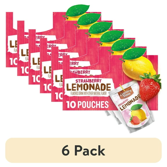 (6 pack) Country Time Ready to Drink Flavored with Other Natural Flavor Drink, 10 Pouches, for School Lunches and On-the-Go Hydration, Strawberry Lemonade, No Artificial Colors or Flavors, 6 fl oz