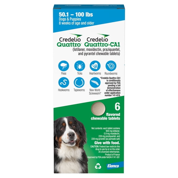 Credelio Quattro / Credelio Quattro-CA1 Dog Flea & Tick Treatment + Heartworm & Parasite Coverage, 50.1-100 lbs (6 Chewable Tablets)