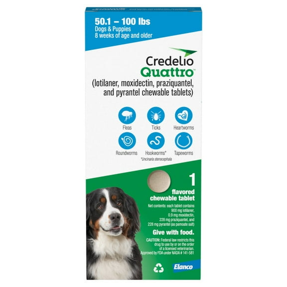 Credelio Quattro Chewable Tablets for Dogs 50.1-100 lbs, 6-in-1 Parasite Protection