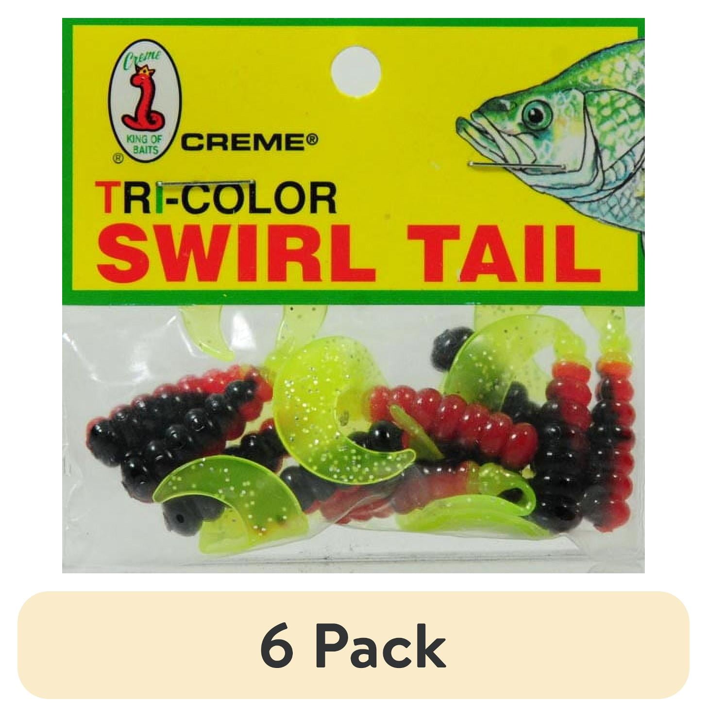 (6 pack) Creme 2" Tri-Color Swirl Tail Lure, Green, Red, & Black