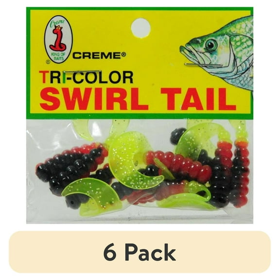 (6 pack) Creme 2" Tri-Color Swirl Tail Lure, Green, Red, & Black