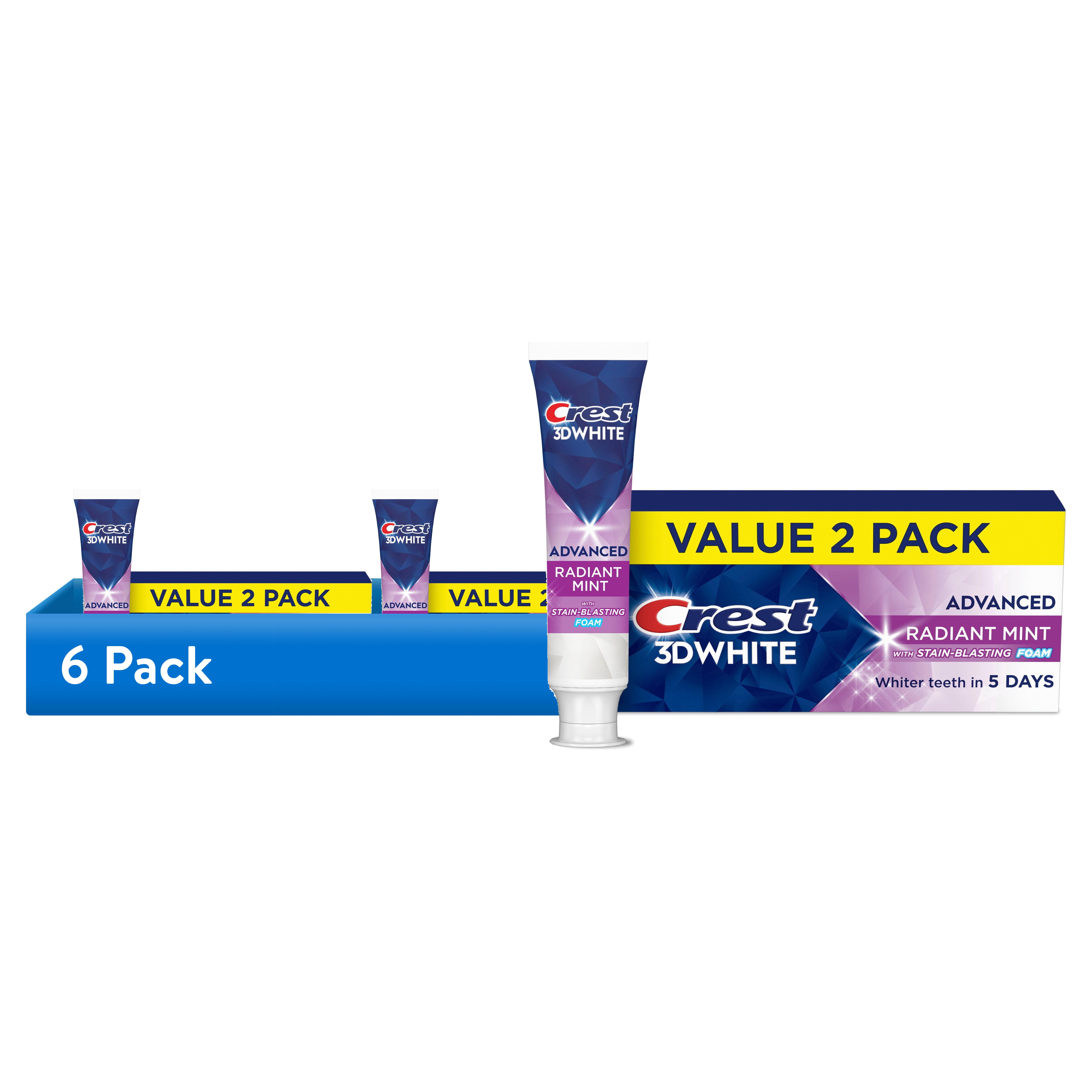 (6 pack) Crest Toothpaste, 3DWhite Advanced Whitening Toothpaste, Radiant Mint, 3.3 oz, 2 Pack