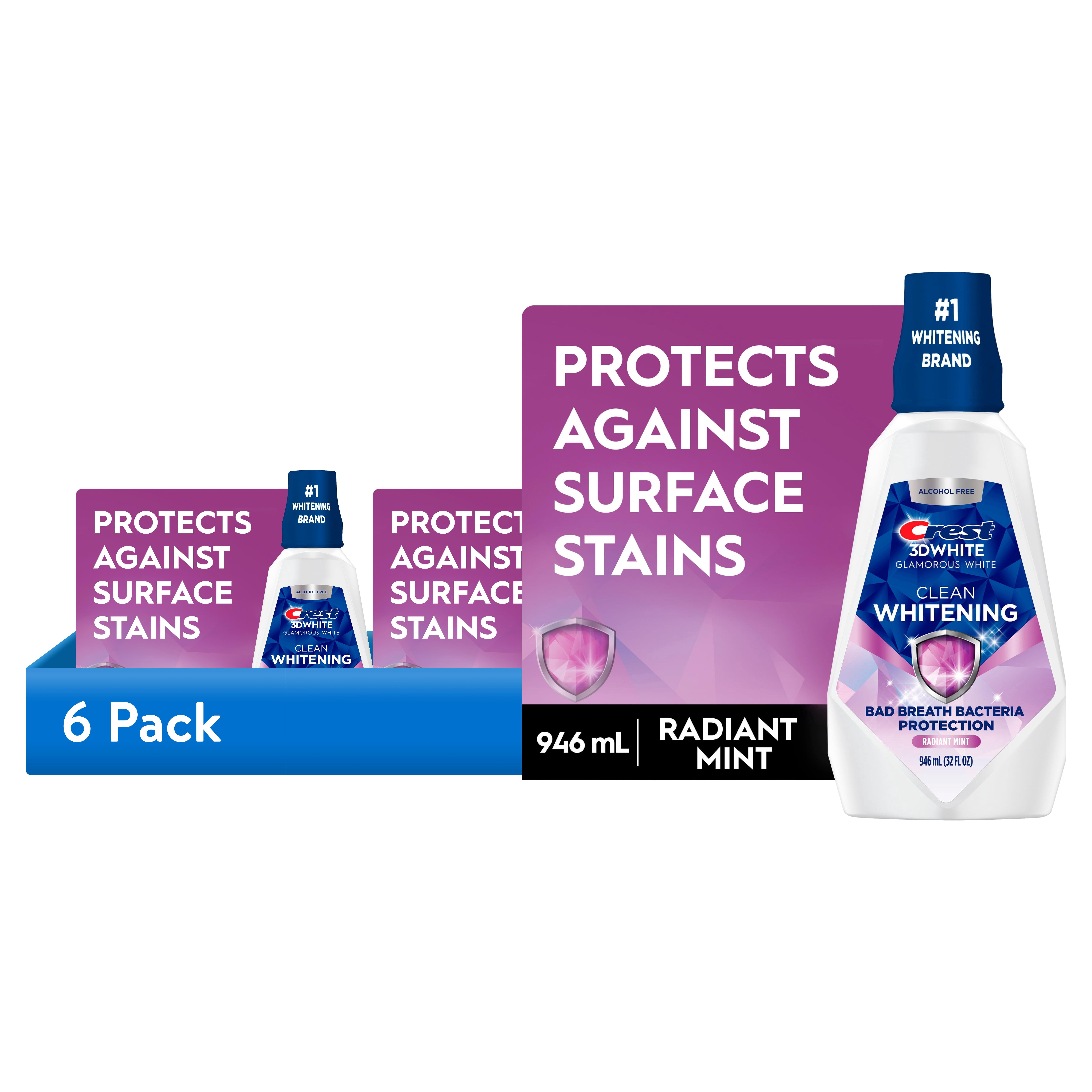 glutathione bad breath 6 pack) Crest Mouthwash 3D White Clean Whitening, Breath Protection,  Alcohol-Free, Radiant Mint Flavor, 32 fl oz