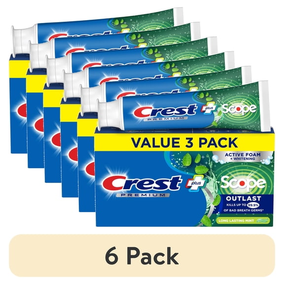 (6 pack) Crest Toothpaste, Premium Plus Scope Outlast Fluoride Toothpaste, Mint, 5.2 oz, 3 pack