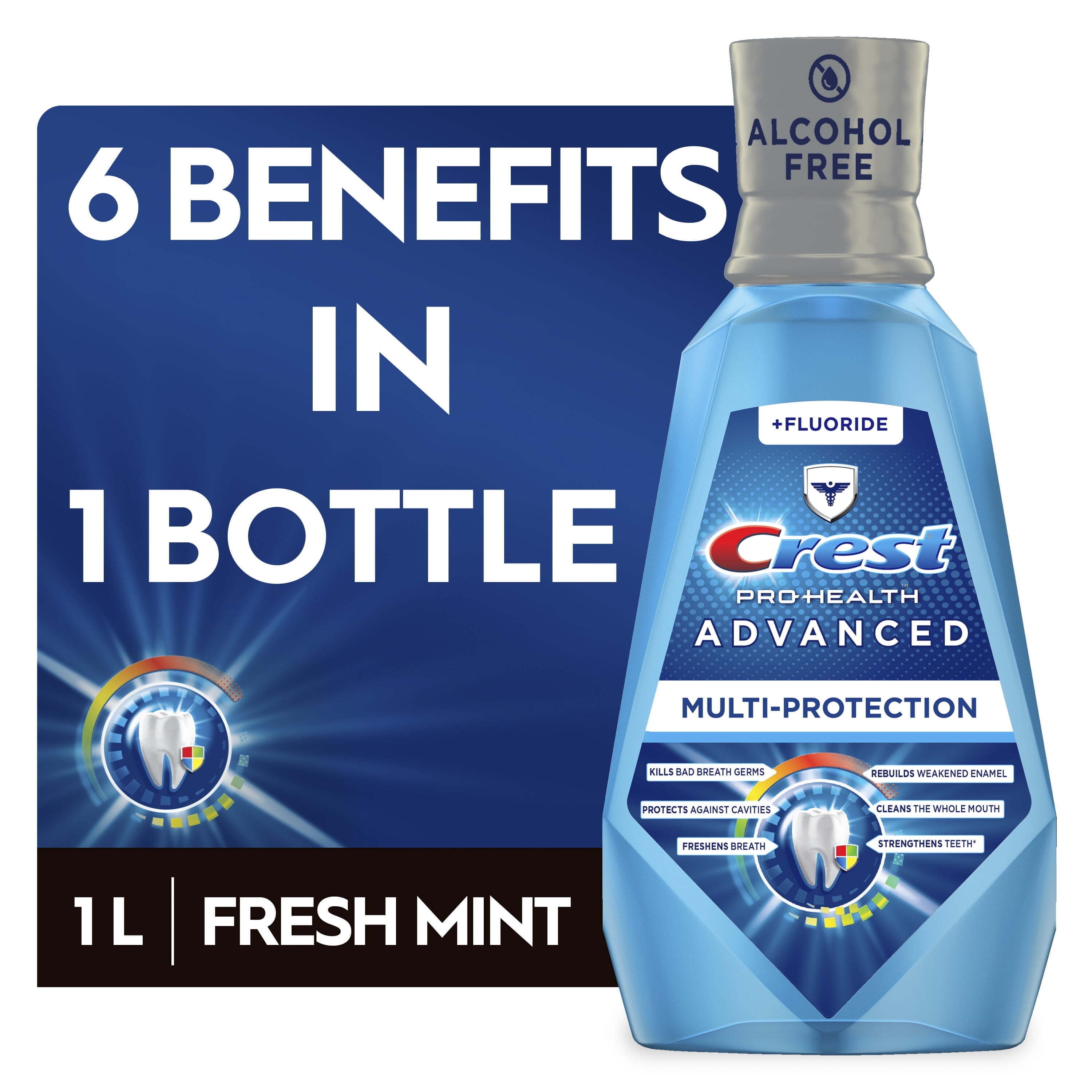 (6 pack) Crest Pro-Health Advanced Multi-Protection Alcohol Free Mouthwash, Fresh Mint, 1 L