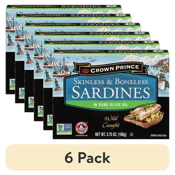 (6 pack) Crown Prince Skinless & Boneless Sardines in Olive Oil, 3.75 oz Can