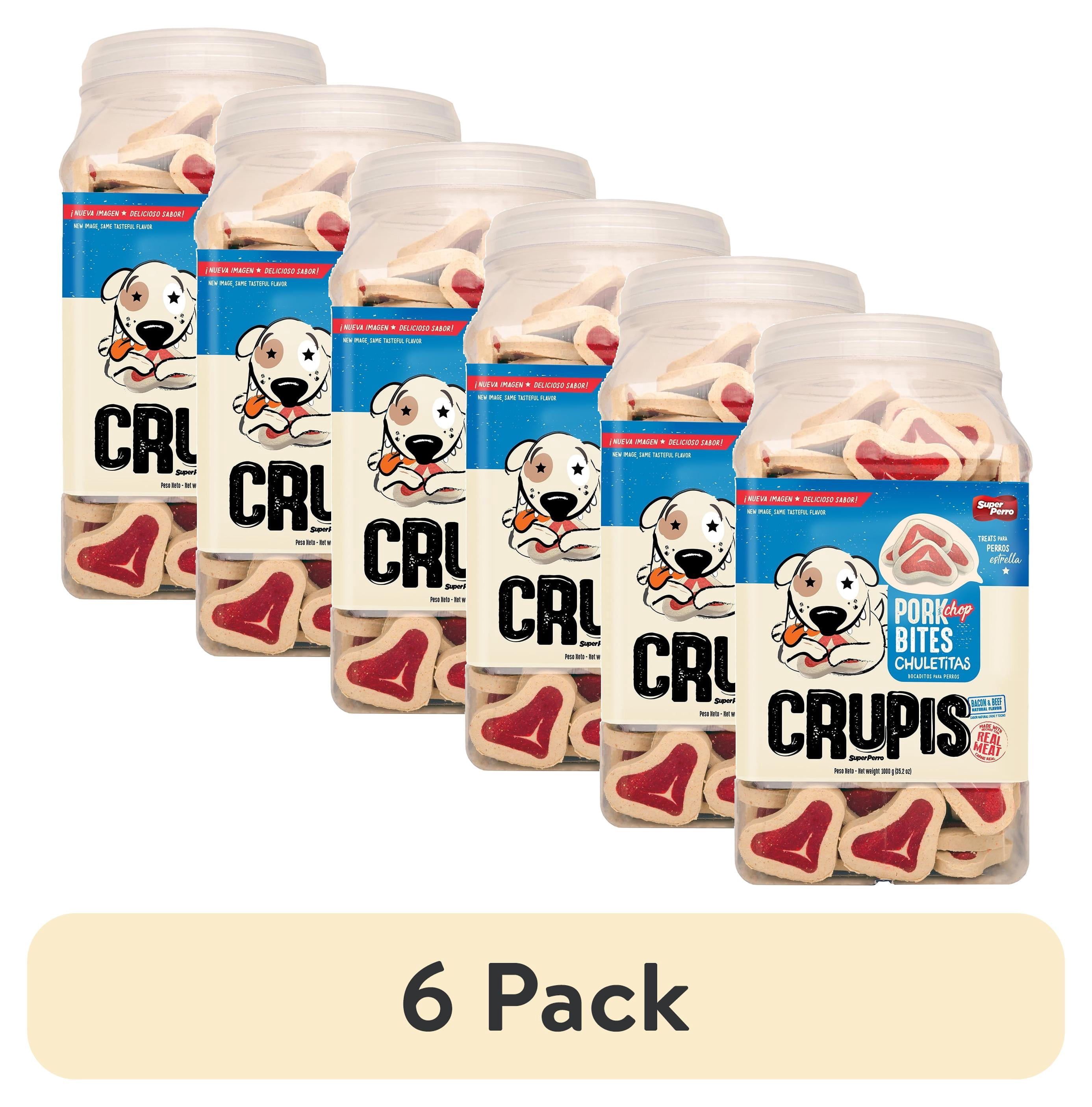 (6 pack) Crupis Dog Treats Chuleta Pork Chop Flavored For All Types of Dogs 2.2lbs Indivdual Plastic Canister