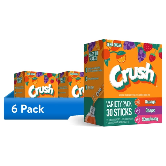 (6 pack) Crush Powdered Drink Mix Variety Pack, Orange, Grape & Strawberry, Sugar-Free, 30-Count