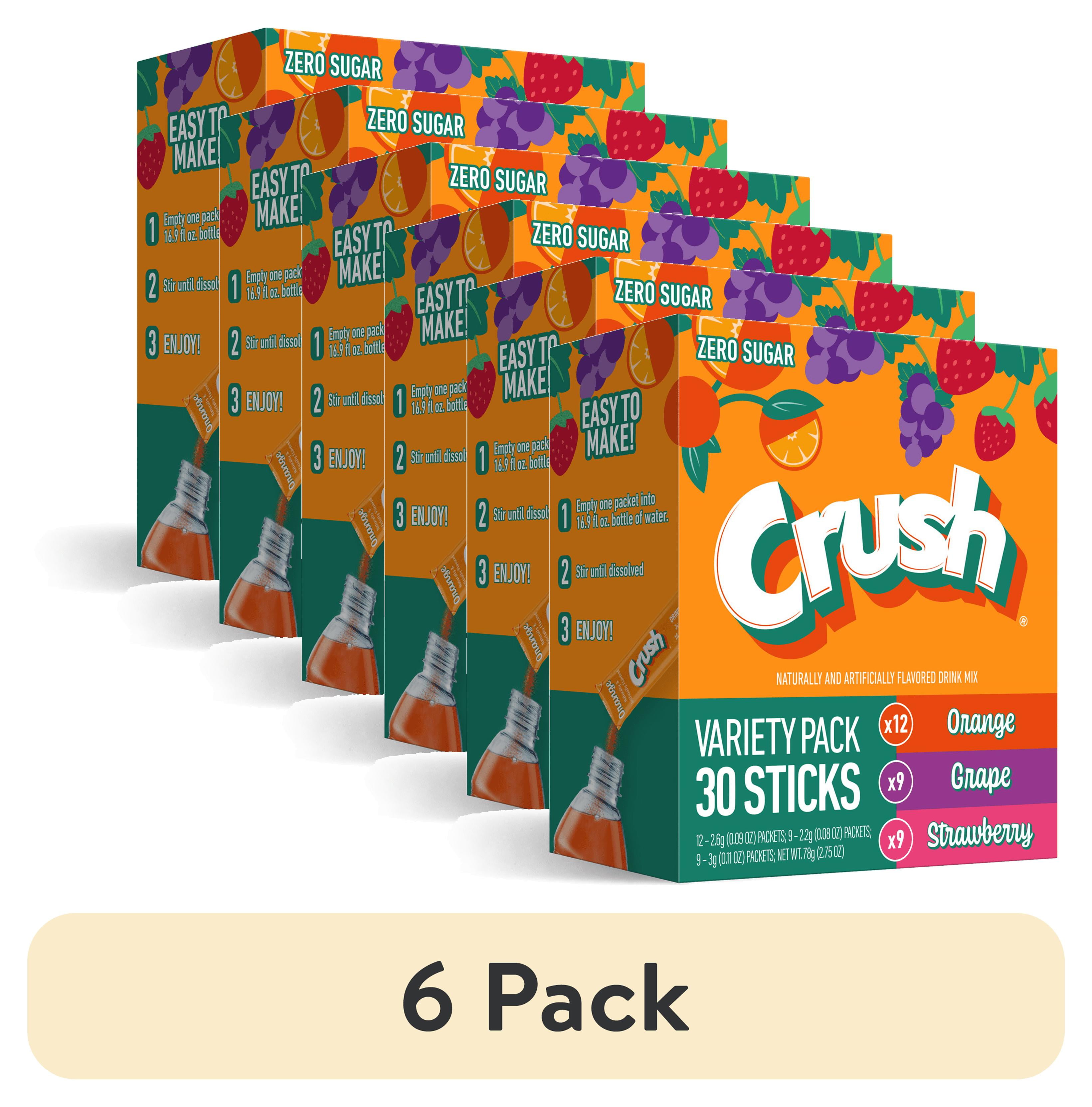 (6 pack) Crush Powdered Drink Mix Variety Pack, Orange, Grape & Strawberry, Sugar-Free, 30-Count