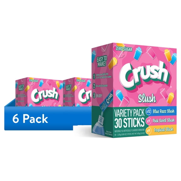 (6 pack) Crush Slush Powder Drink Mix Variety Pack, Blue Razz, Pink Swirl & Tropical, 30 Sticks