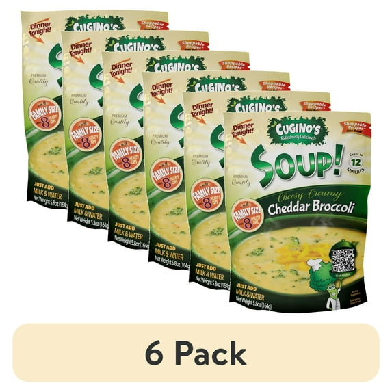 (6 pack) Cuginos Quick Meal Cheesy Cheddar Broccoli Dried Soup Mix, 5.8oz Family Size Pouch Makes 8 Cups