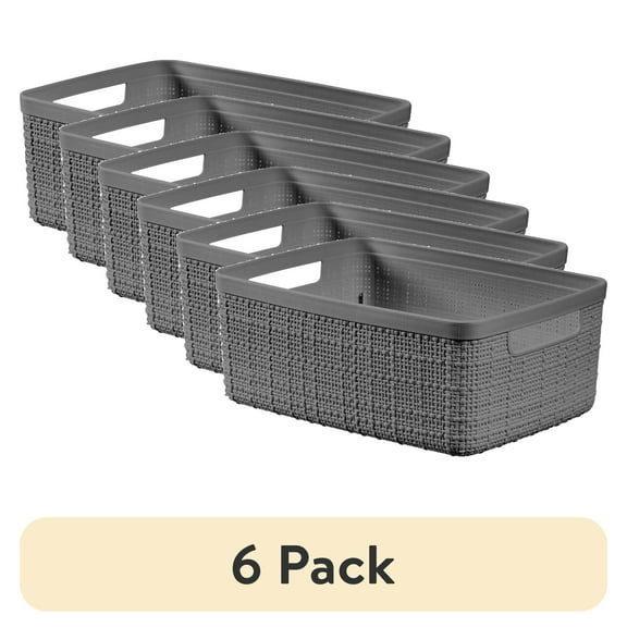 (6 pack) Curver Jute Small Gray Plastic Decorative Storage Basket, 10.6 in x 7.8 in x 4.3 in