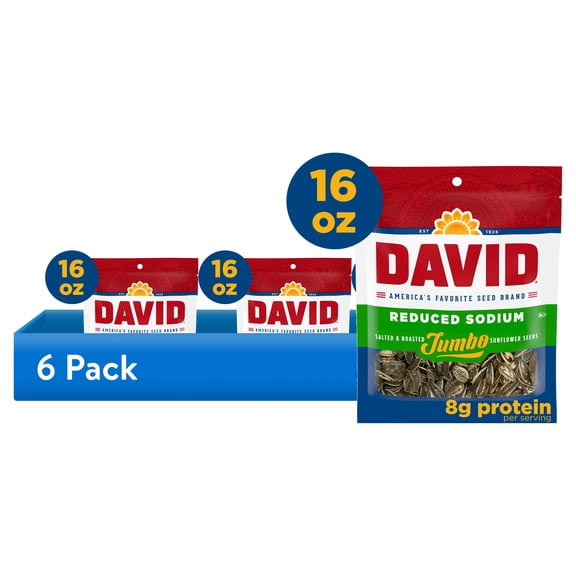 (6 pack) DAVID Reduced Sodium Sunflower Seeds, Original Flavor, 16 oz.
