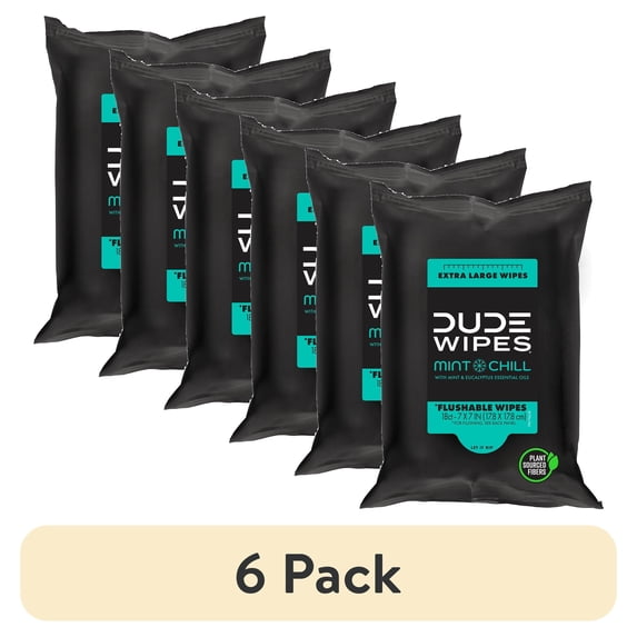 (6 pack) DUDE Flushable Wipes, Extra Large Mint Chill Wet Wipes Travel Pack, 18 Count