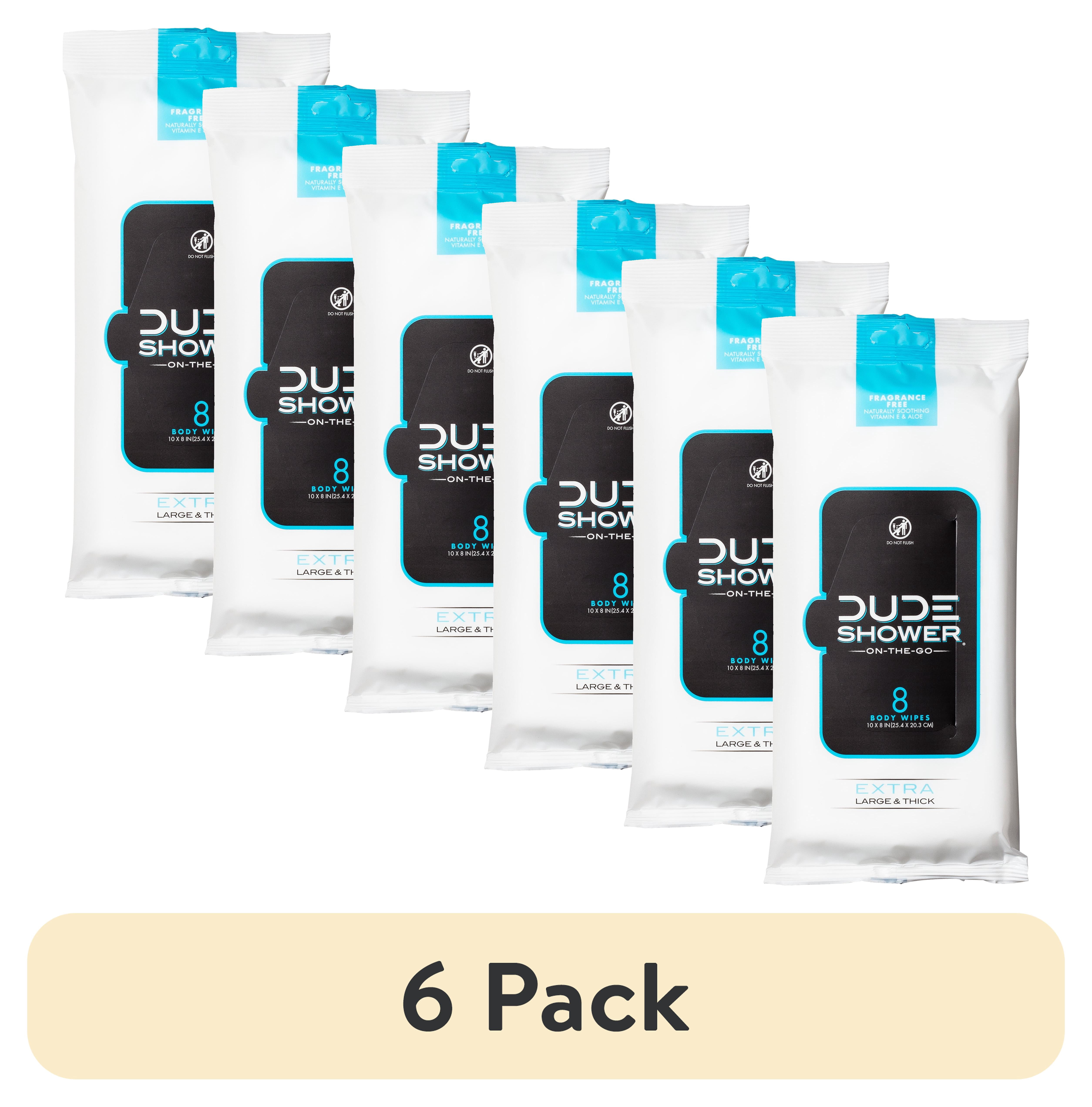 (6 pack) DUDE Wipes On-The-Go Shower Wipes, XL Full Body Shower Replacement Wipes, Unscented, 8 Count