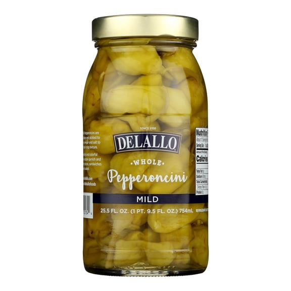 (6 pack) DeLallo Mild Pepperoncini Whole Peppers, Non-GMO, Gluten-Free, 25.5 oz Jar