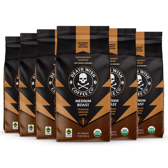 (6 pack) Death Wish Coffee, Medium Roast, Ground, Fair Trade, Organic, Bag, 10oz