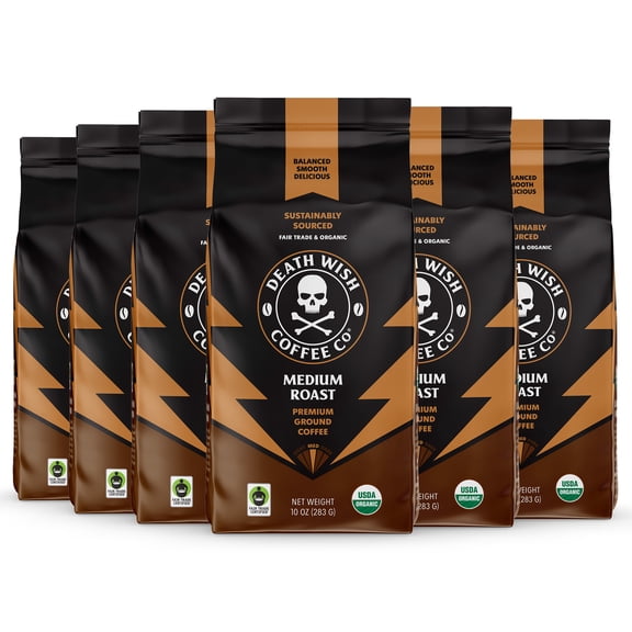(6 pack) Death Wish Coffee, Medium Roast, Ground, Fair Trade, Organic, Bag, 10oz