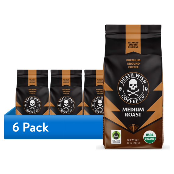 (6 pack) Death Wish Coffee, Medium Roast, Ground, Fair Trade, Organic, Bag, 10oz