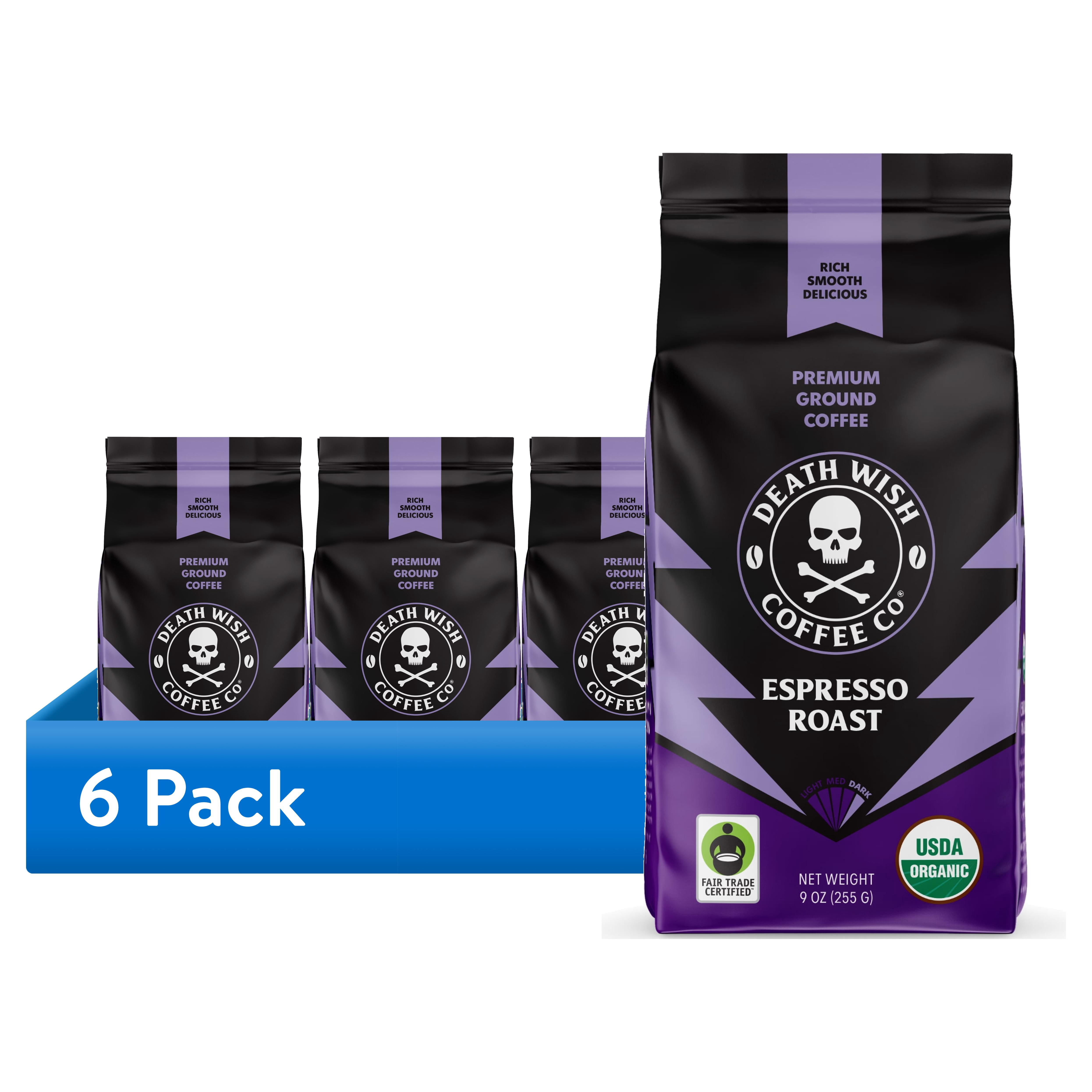 (6 pack) Death Wish Coffee, Organic and Fair Trade, Espresso Roast, Ground Coffee, 9oz