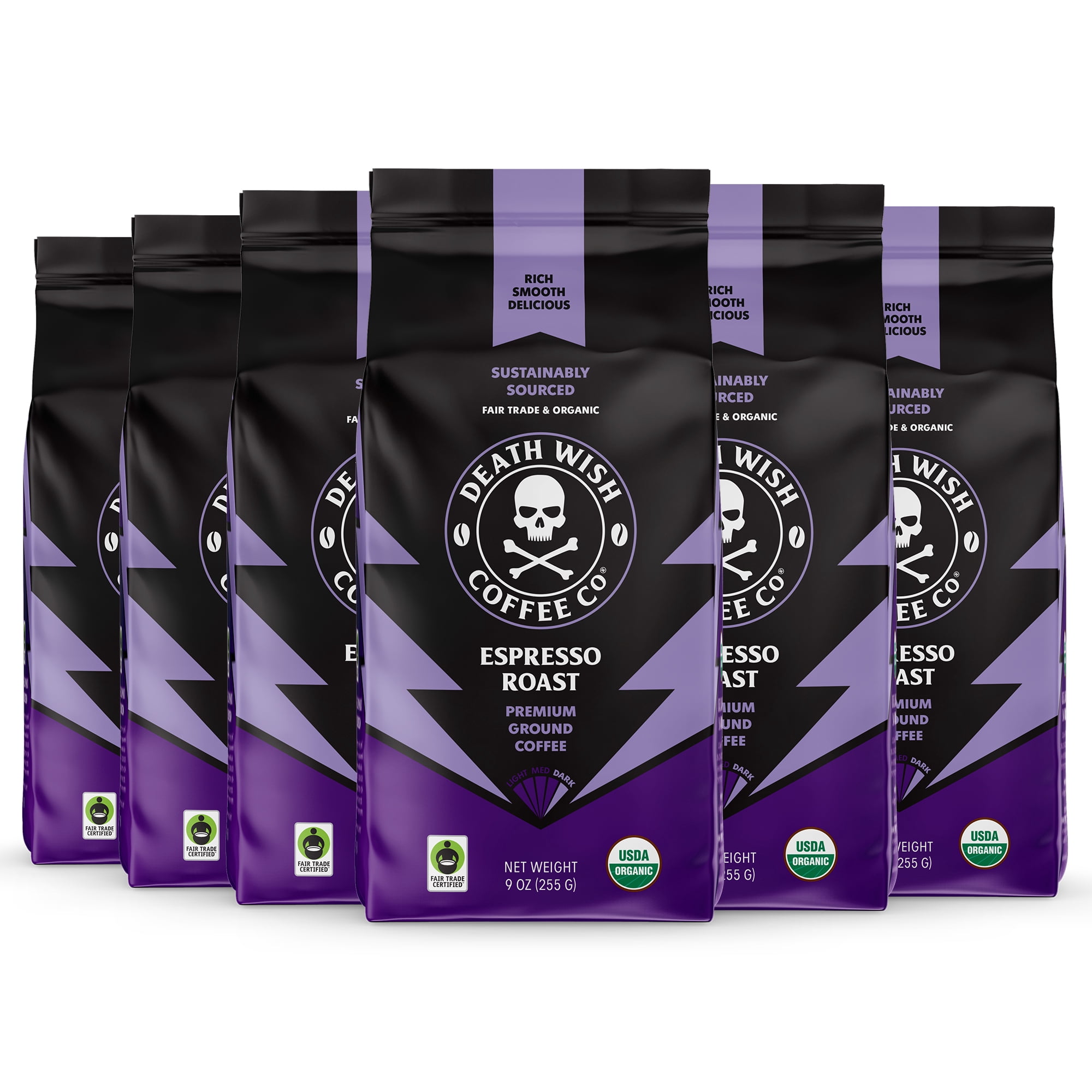 (6 pack) Death Wish Coffee Co., Organic and Fair Trade, Ground Coffee, Espresso Roast, 9 oz