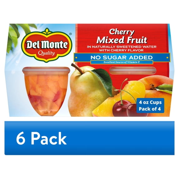 (6 pack) Del Monte Cherry Mixed Fruit No Sugar Added Fruit Cup Snacks 4 ...