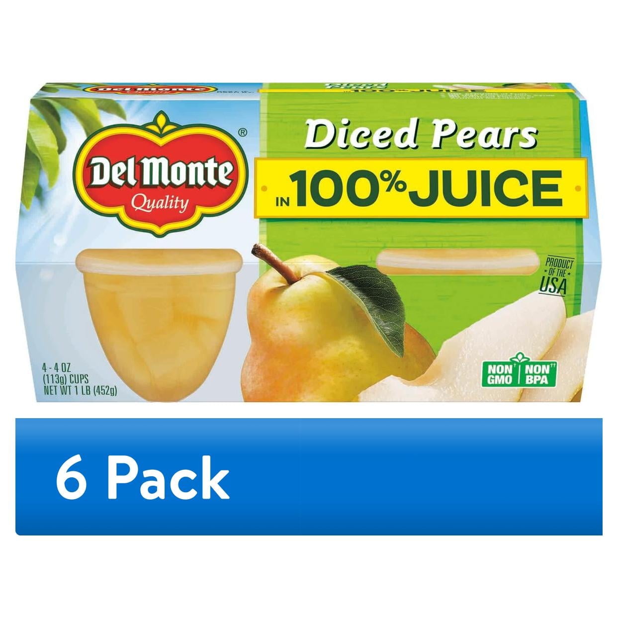 (6 pack) Del Monte Diced Pears Fruit Cup Snacks, 4 oz (Pack of 4)