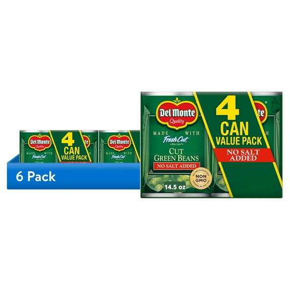(6 pack) Del Monte No Salt Added Fresh Cut Blue Lake Cut Green Beans, 14.5 oz Can (Pack of 4), Canned Vegetables
