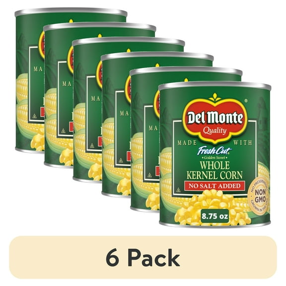 (6 pack) Del Monte No Salt Added Golden Sweet Whole Kernel Corn, Canned Vegetables, 8.75 oz. Can