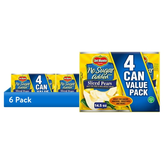 (6 pack) Del Monte No Sugar Added Bartlett Pears, 14.5 oz Can (Pack of 4) Canned Fruit