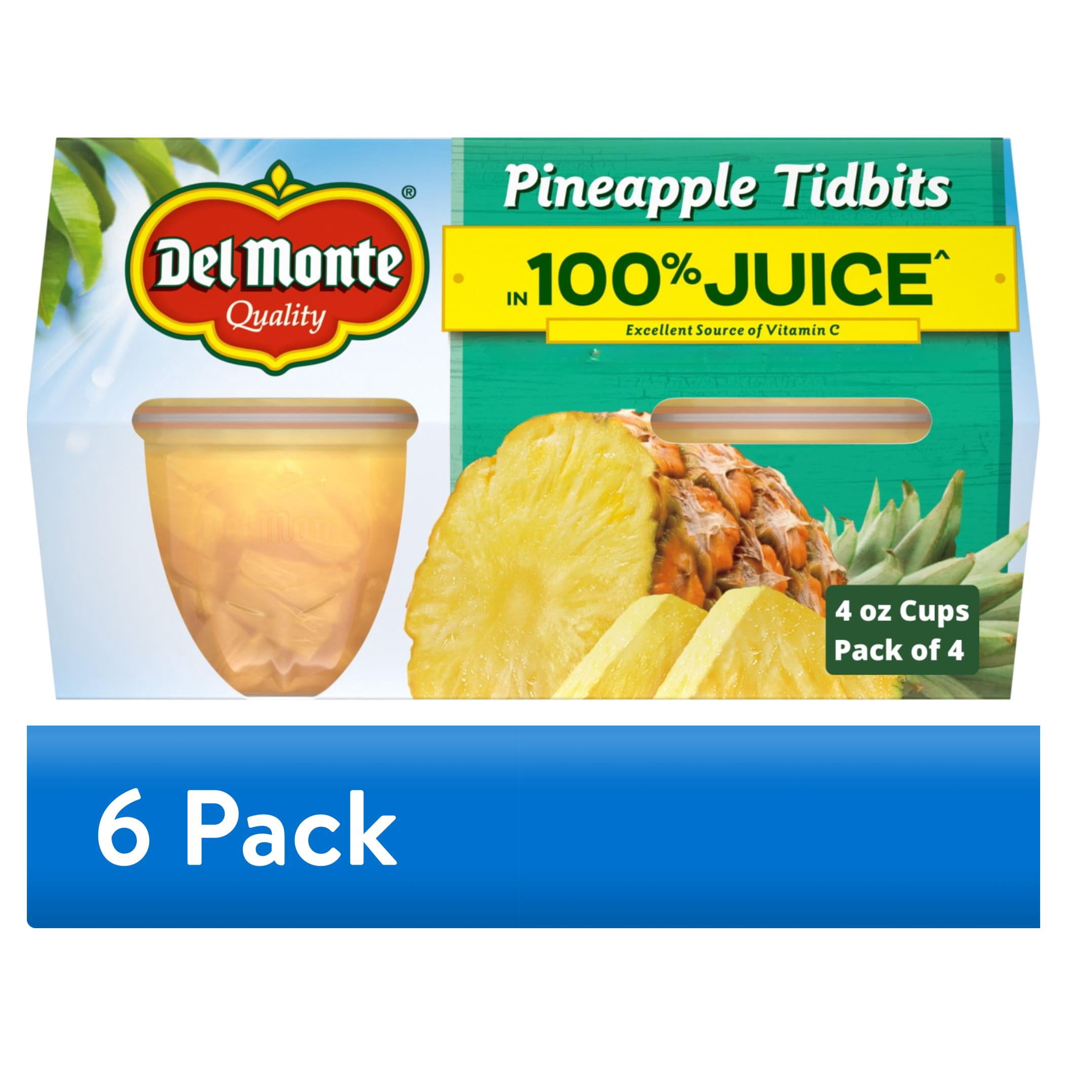 (6 pack) Del Monte Pineapple Tidbits in 100% Juice Fruit Cup Snacks 4 oz Cup (Pack of 4)