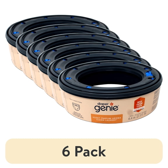 (6 pack) Diaper Genie Refill, Clean Laundry Scent, Max Odor Lock, 6.4m (21 ft), Holds Up to 270 Newborn Diapers