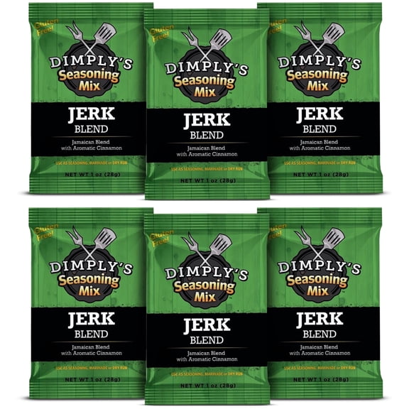 Dimply's Jerk Seasoning Mix, 6-Pack Single Serve Pouches Dry Rub & Marinade, Bold Caribbean Spice Blend, No MSG, Gluten Free, All Natural, Vegan