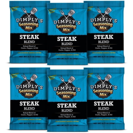 Dimply's Steak Seasoning Mix, 6-Pack Single Serve Pouches - Dry Rub & Marinade, Bold Garlic Pepper Dill Blend, No MSG, Gluten Free, All Natural