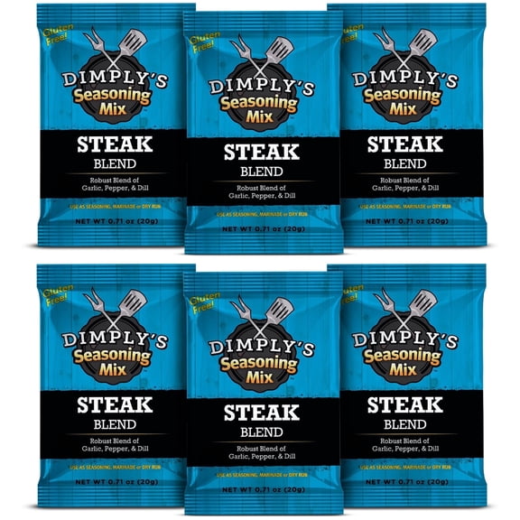 Dimply's Steak Seasoning Mix, 6-Pack Single Serve Pouches - Dry Rub & Marinade, Bold Garlic Pepper Dill Blend, No MSG, Gluten Free, All Natural