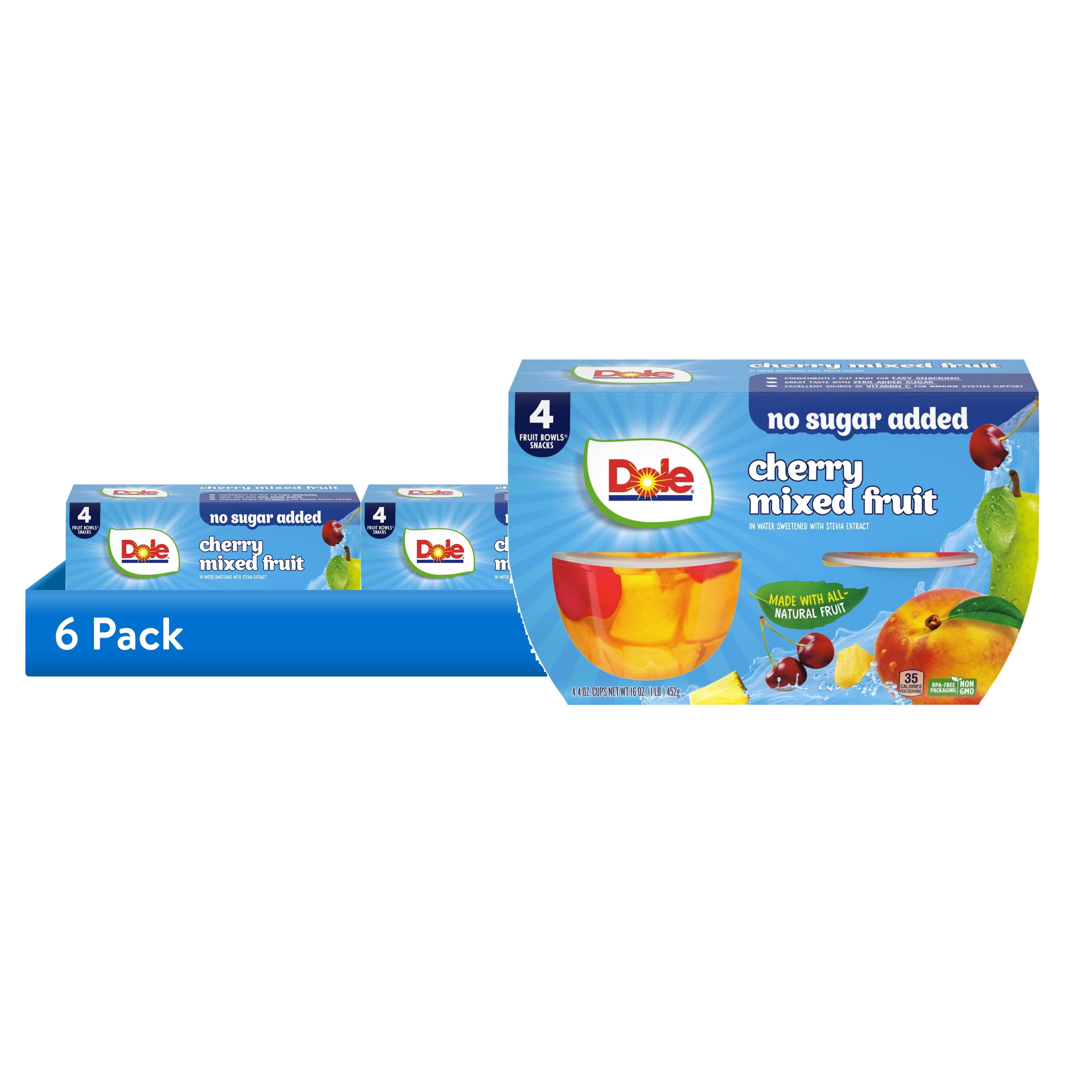 (6 pack) Dole Fruit Bowls No Sugar Added Cherry Mixed Fruit in Water, 4 oz Cups (4 Pack)