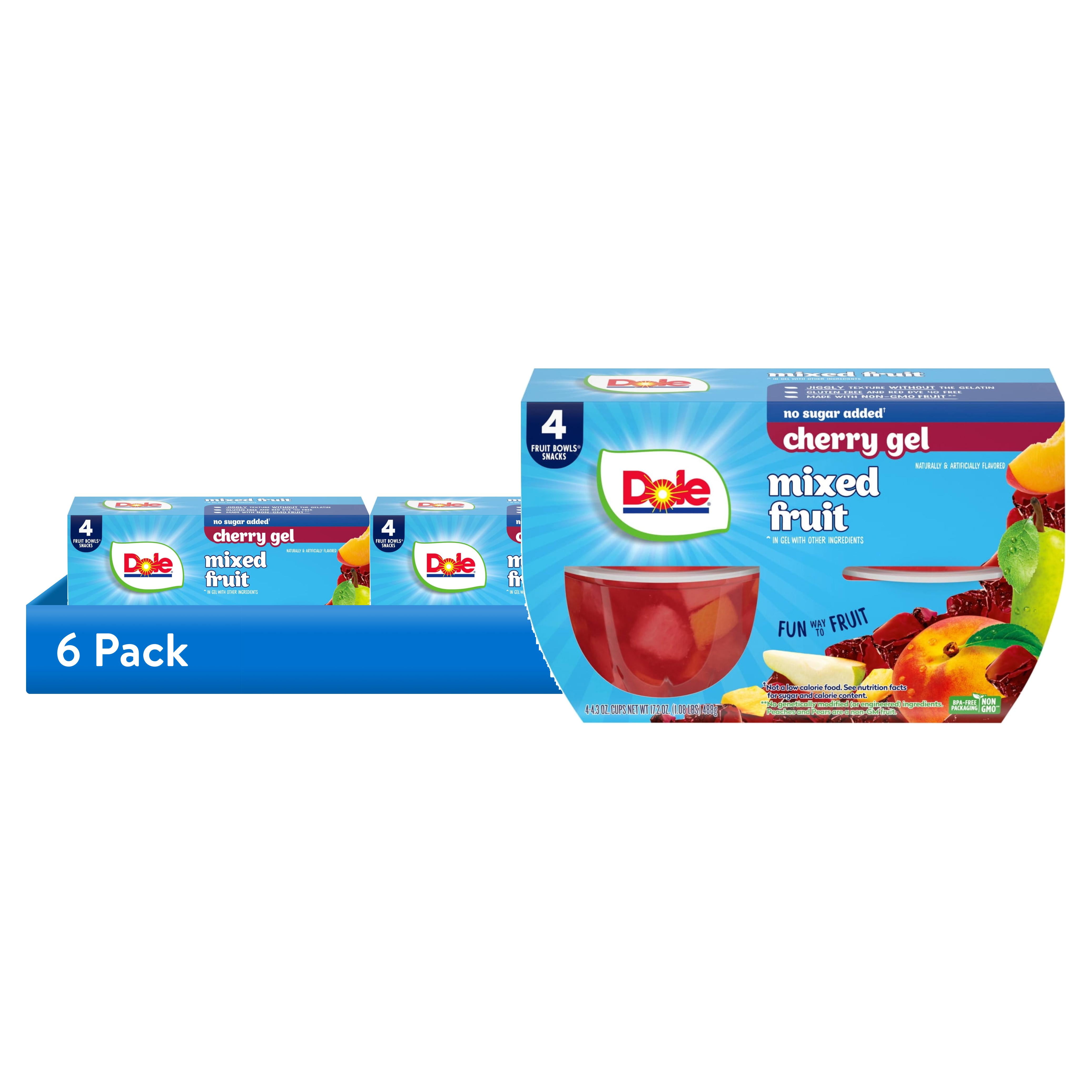 (6 pack) Dole Fruit Bowls No Sugar Added Mixed Fruit in Cherry Gel, 4.3 oz Cups (4 Pack)