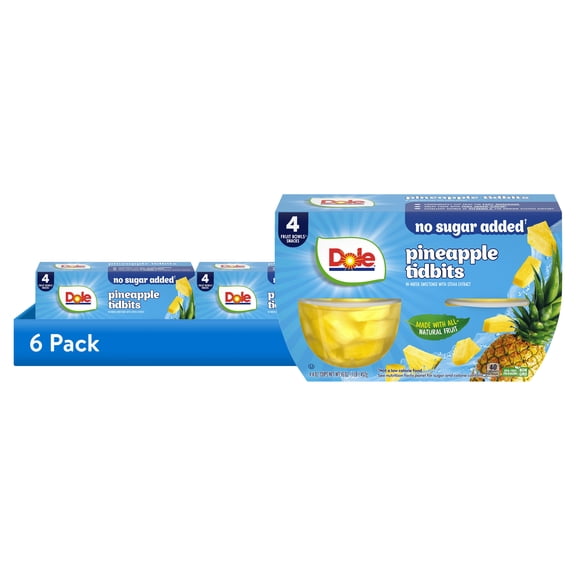 (6 pack) Dole Fruit Bowls No Sugar Added Pineapple Tidbits in Water, 4 oz Cups (4 Pack)