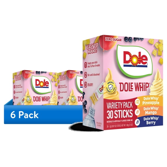 (6 pack) Dole Whip Powder Drink Mix Variety Pack, Pineapple, Mango, & Berry, Zero Sugar, 30 Sticks