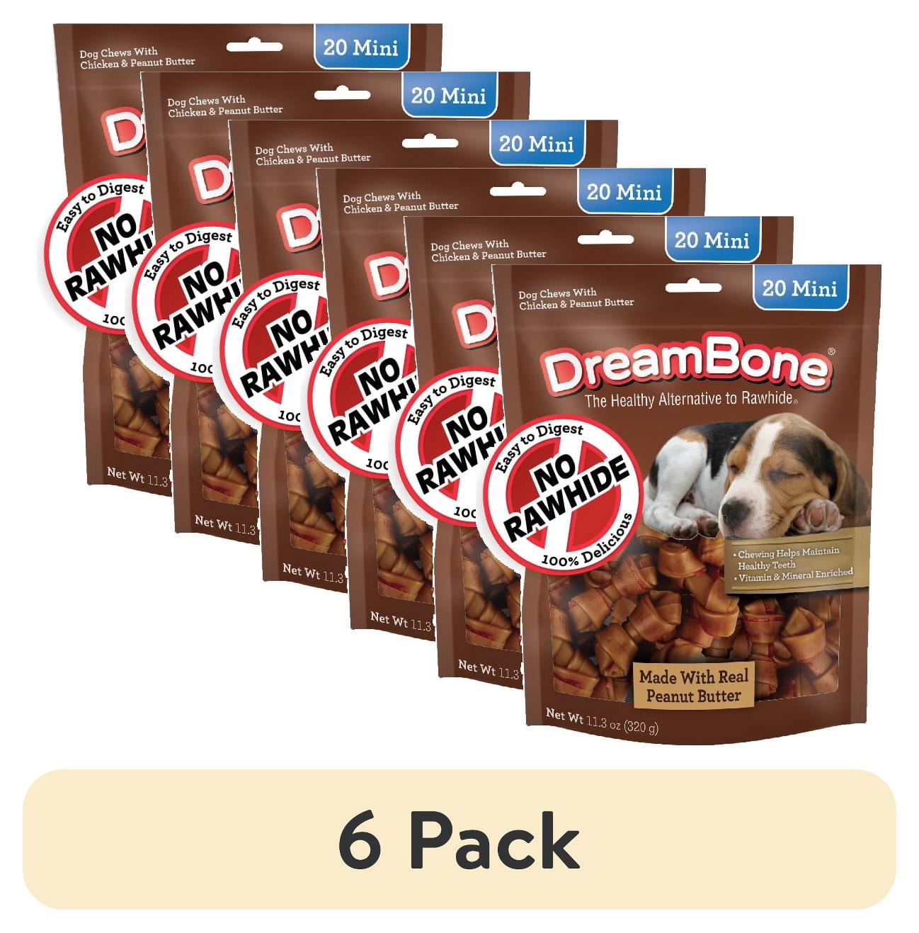 (6 pack) DreamBone Peanut Butter Flavored Rawhide-Free Chews for Dogs, Mini Bones, 20 Count, 11.3 oz.