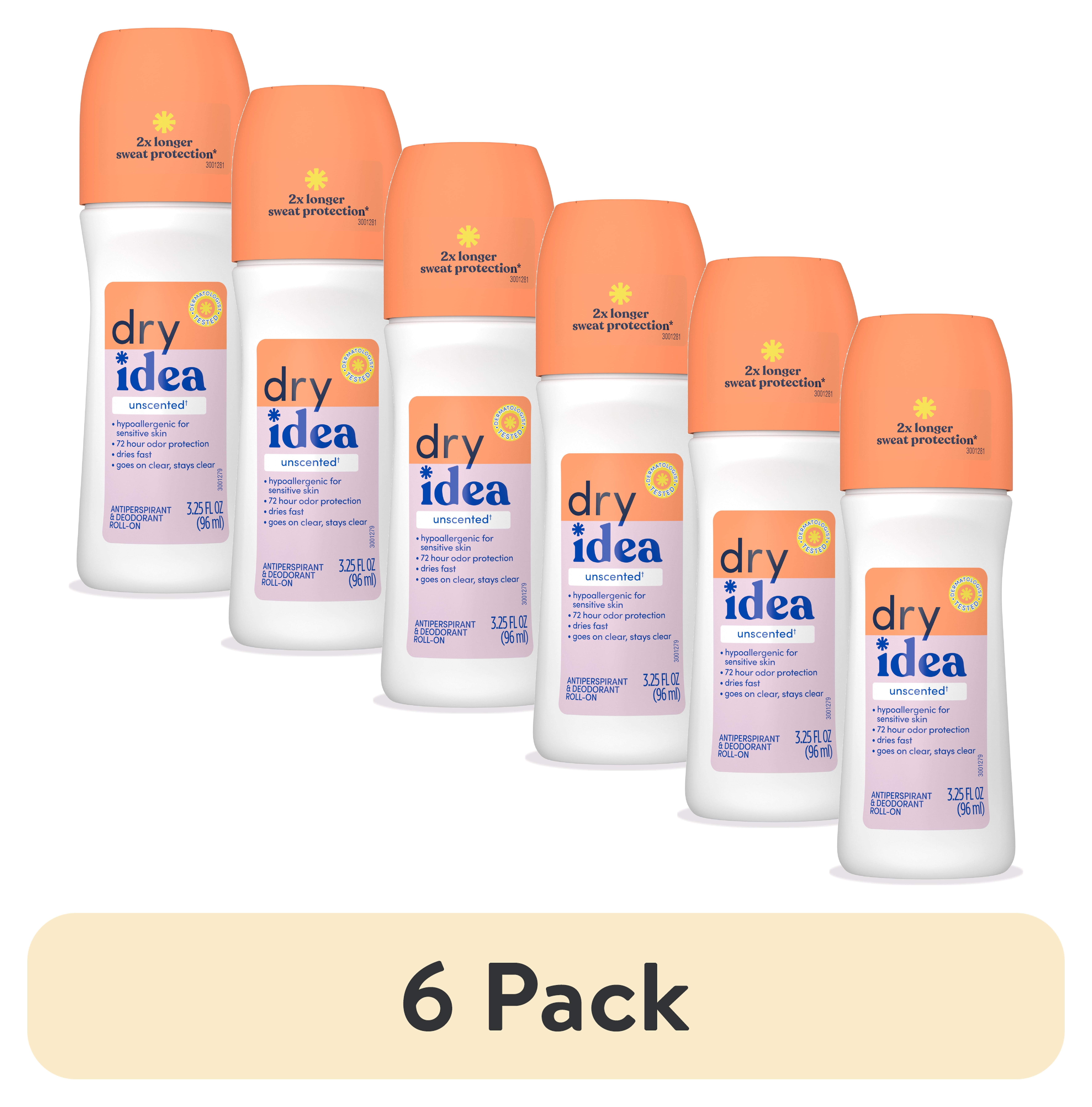 (6 pack) Dry Idea Roll-On Deodorant & Antiperspirant & Unscented for Sensitive Skin, 3.25 oz.