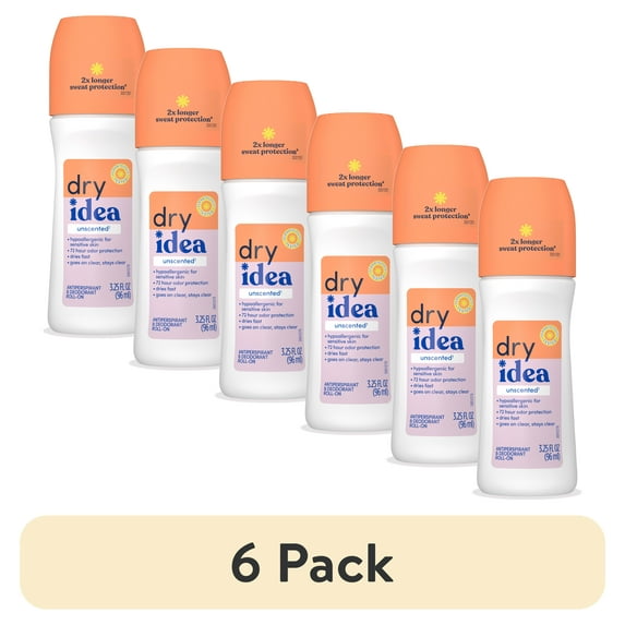 (6 pack) Dry Idea Roll-On Deodorant & Antiperspirant & Unscented for Sensitive Skin, 3.25 oz.